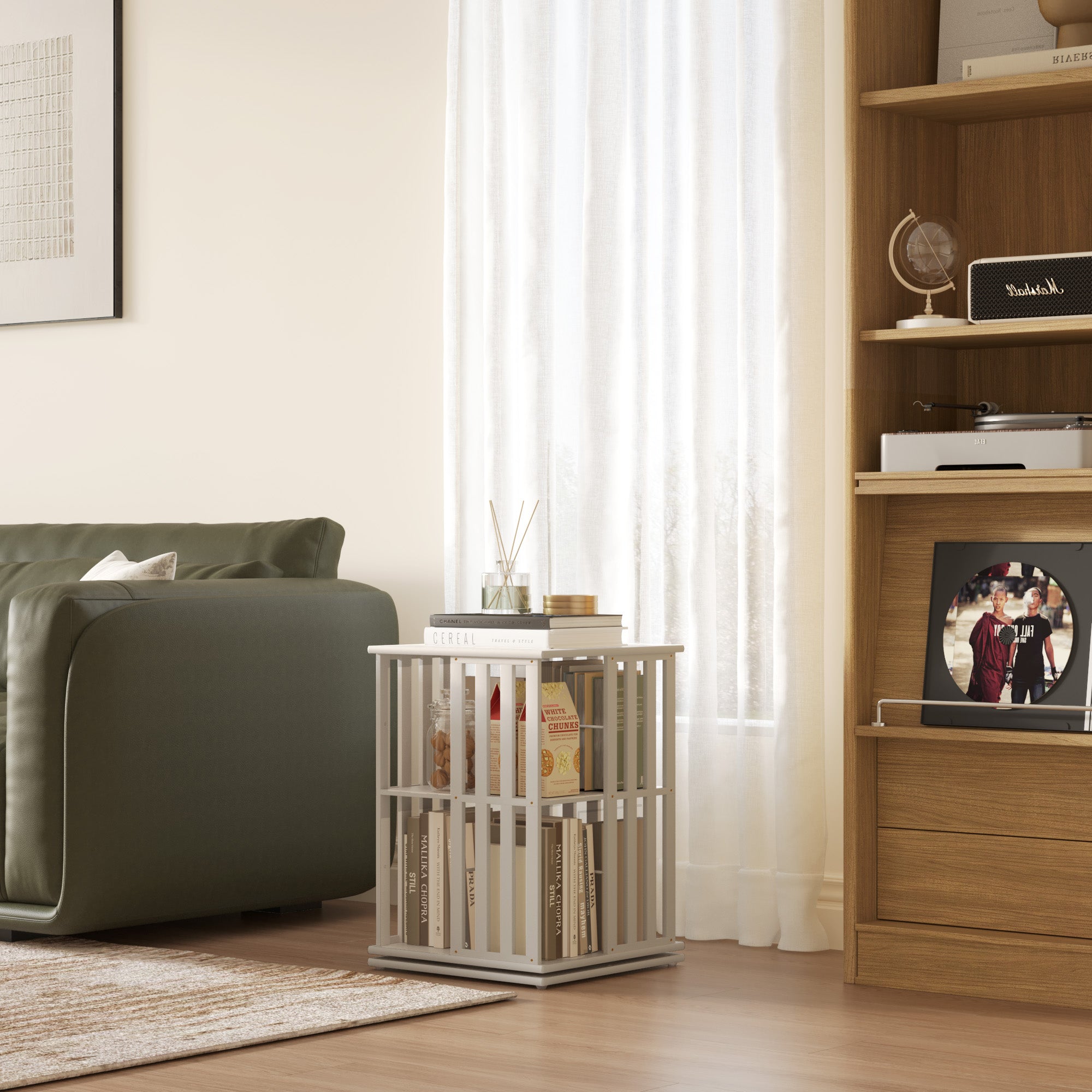 YOWOS Vortex Series Meridian 360° Rotating Bookshelf Bamboo White 2 Tiers