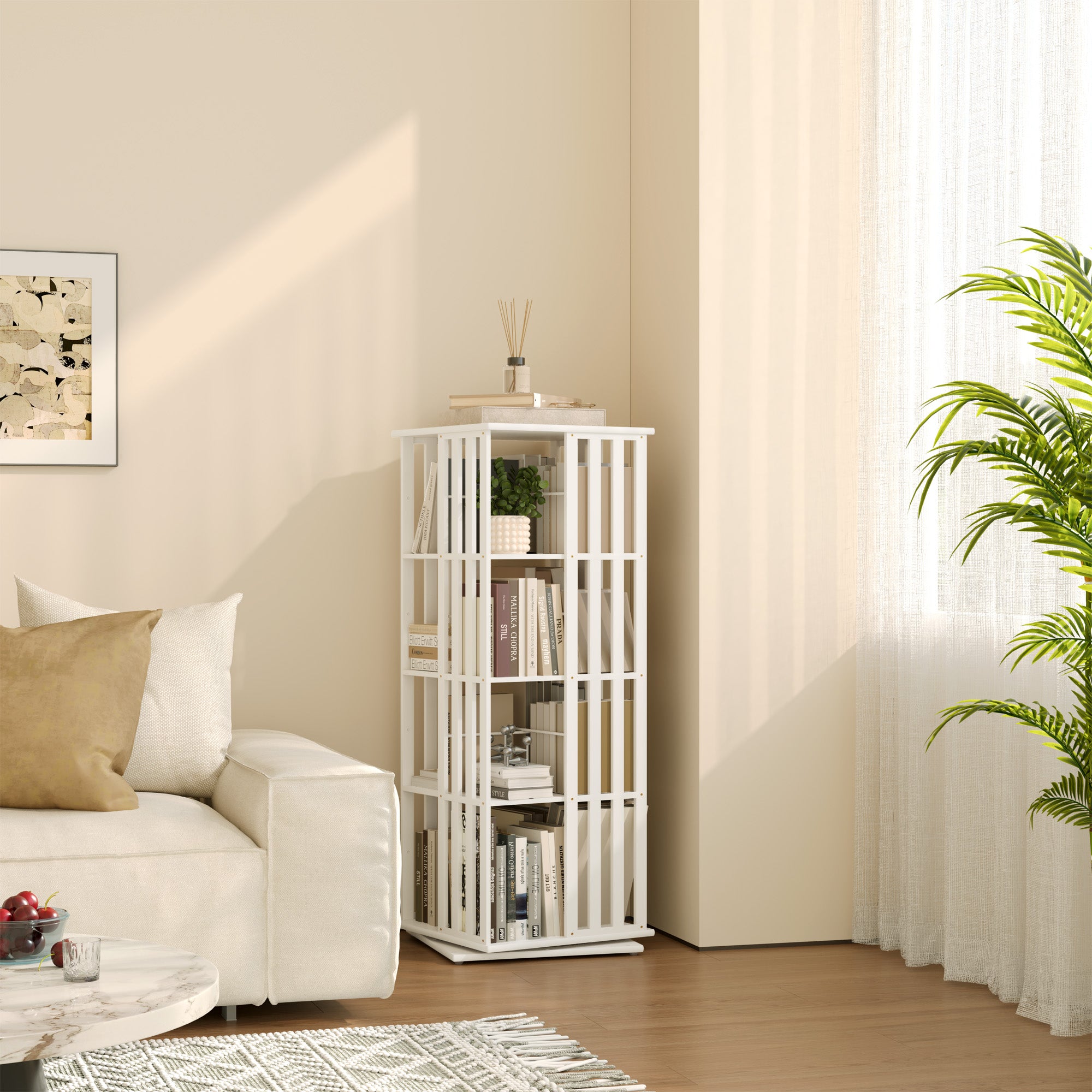YOWOS Vortex Series Meridian 360° Rotating Bookshelf Bamboo White 4 Tiers