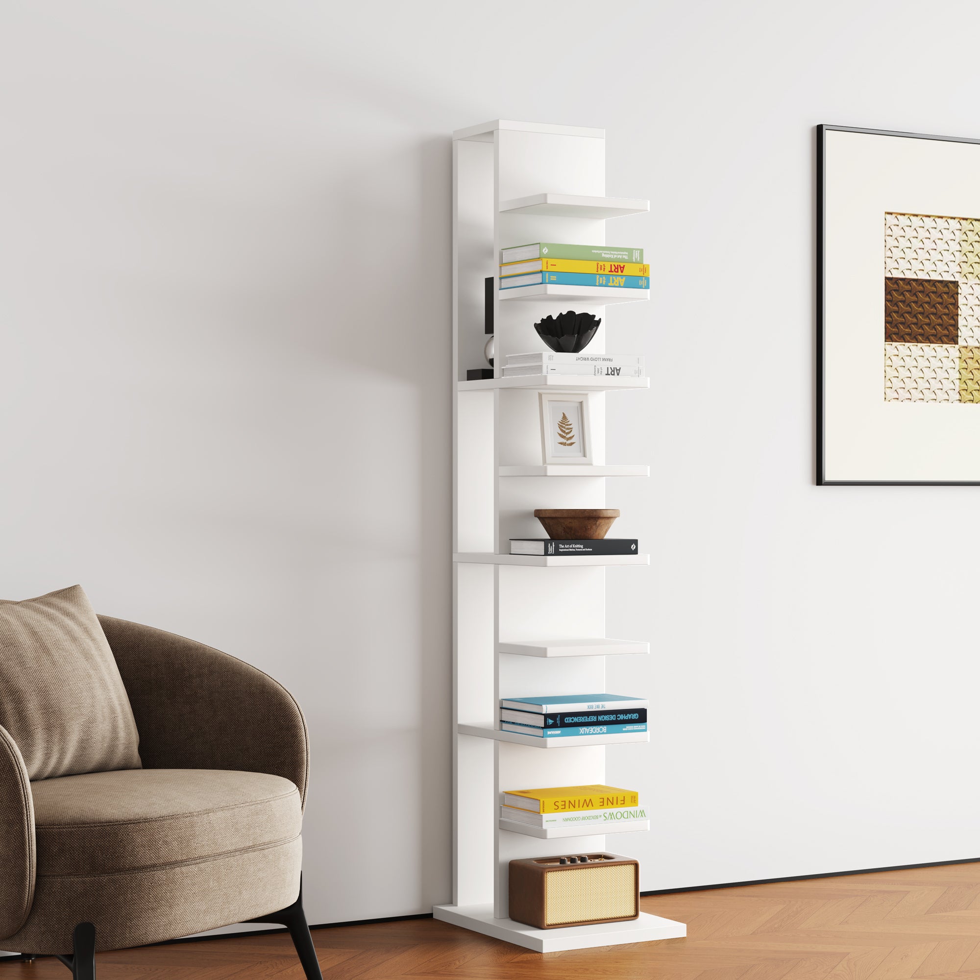YOWOS Chiaroscuro Series Mirage Vertical Invisible Bookshelf Wood White 9 Tiers