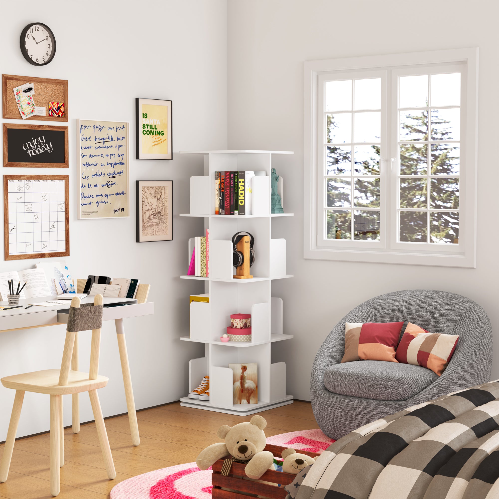 YOWOS Vortex Series Vitru Spin 360° Rotating Bookshelf Wood White 4 Tiers