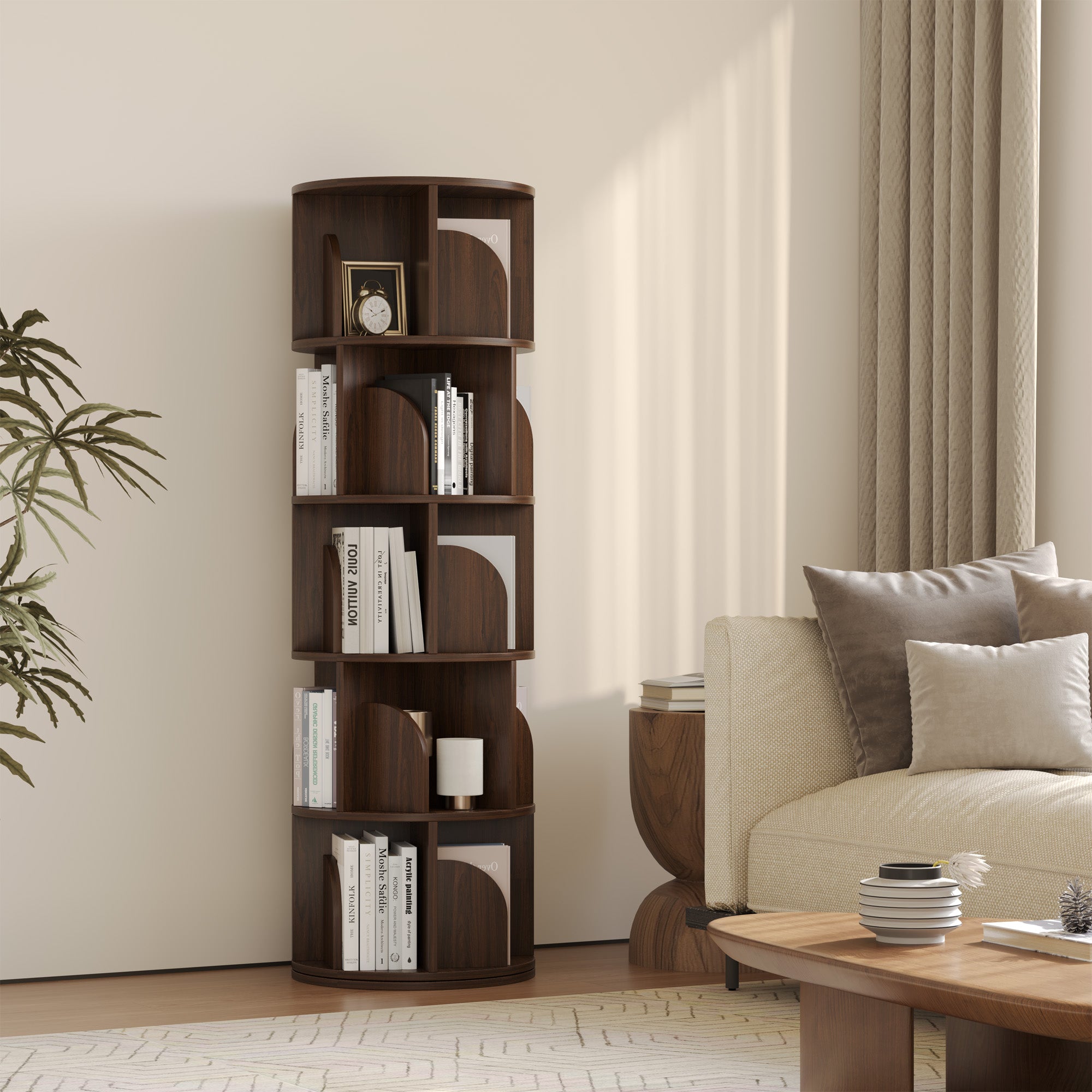 YOWOS Vortex Series Circinus Core 360° Rotating Bookshelf Wood Walnut 5 Tiers