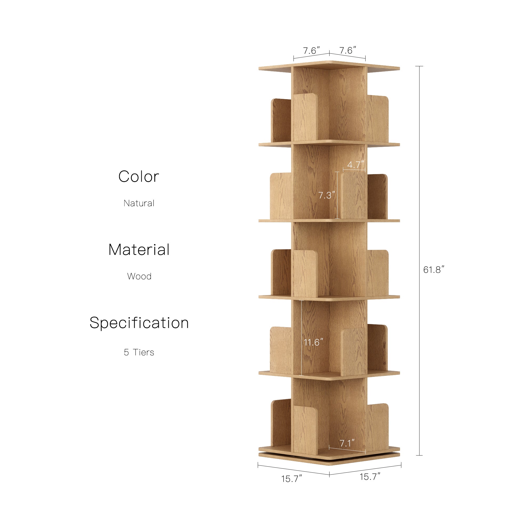 YOWOS Vortex Series Vitru Spin 360° Rotating Bookshelf Wood Natural 5 Tiers