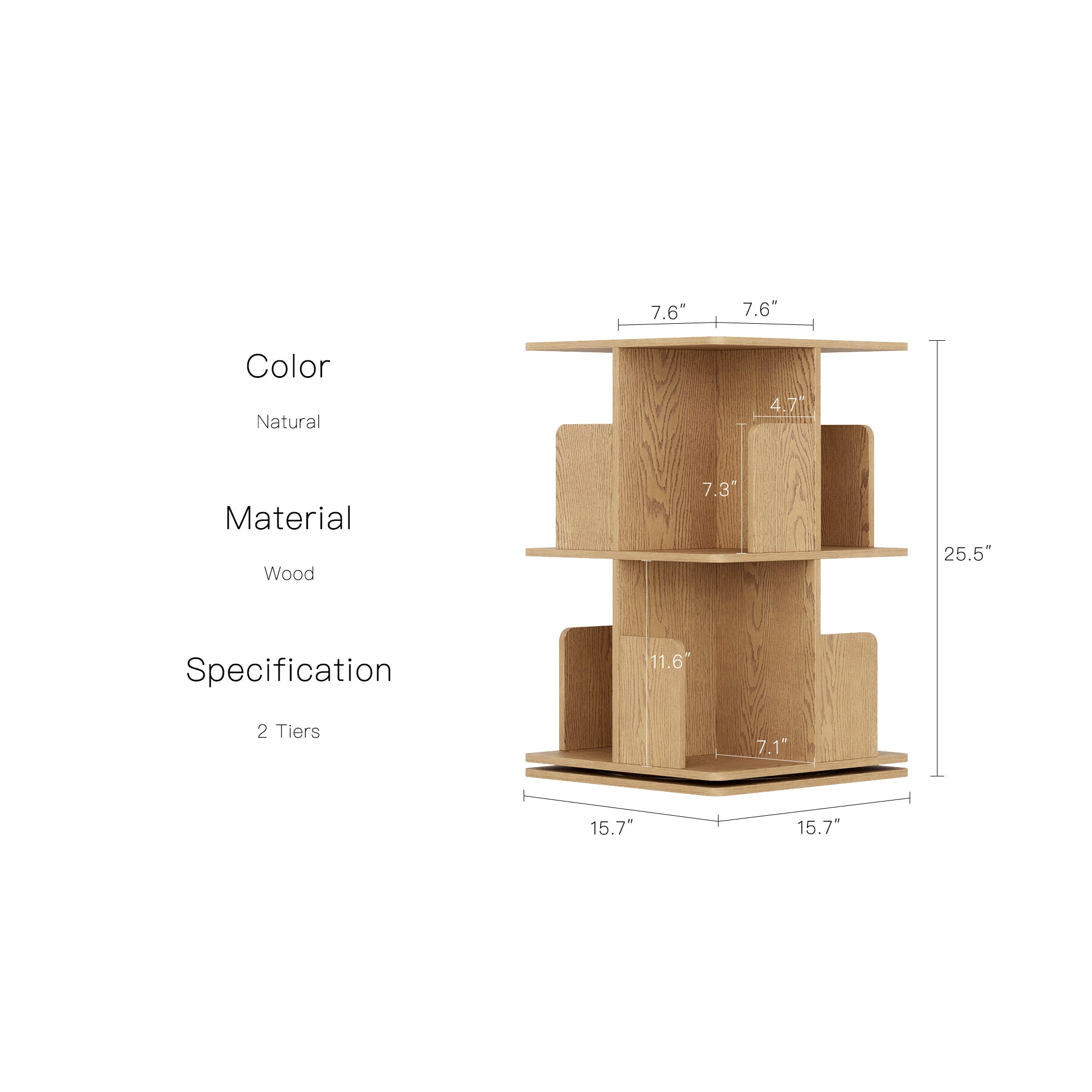 YOWOS Vortex Series Vitru Spin 360° Rotating Bookshelf Wood Natural 2 Tiers