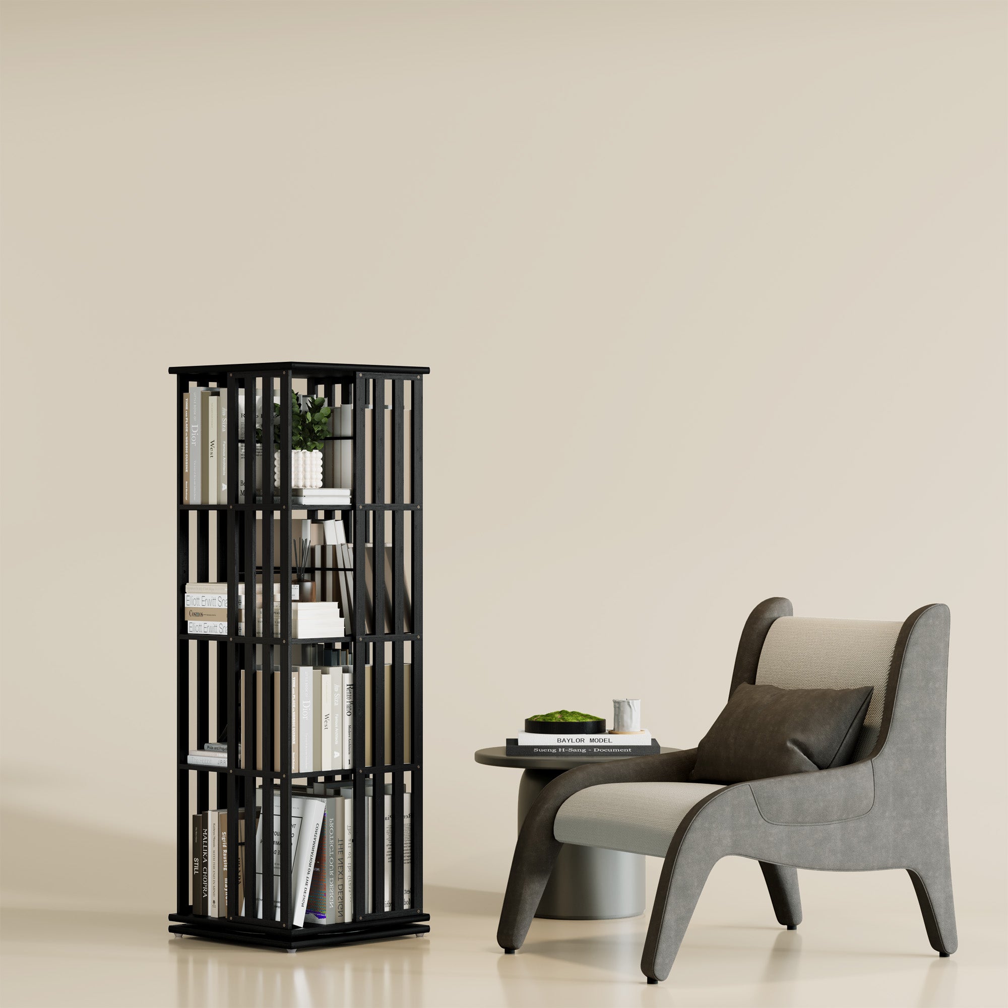 YOWOS Vortex Series Meridian 360° Rotating Bookshelf Bamboo Black 4 Tiers