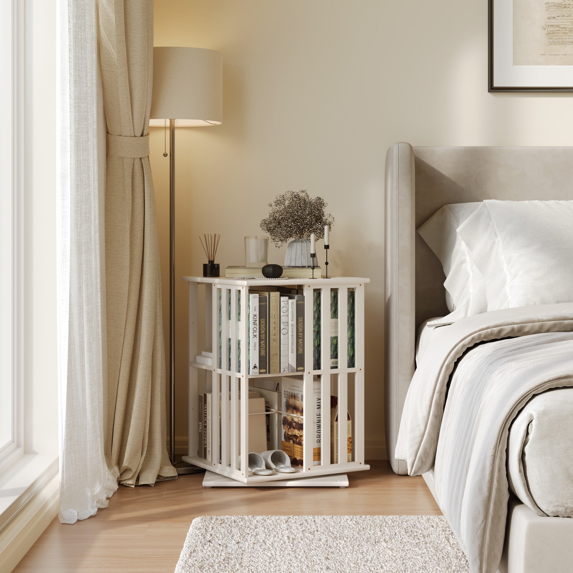 YOWOS Vortex Series Meridian 360° Rotating Bookshelf Bamboo White 2 Tiers