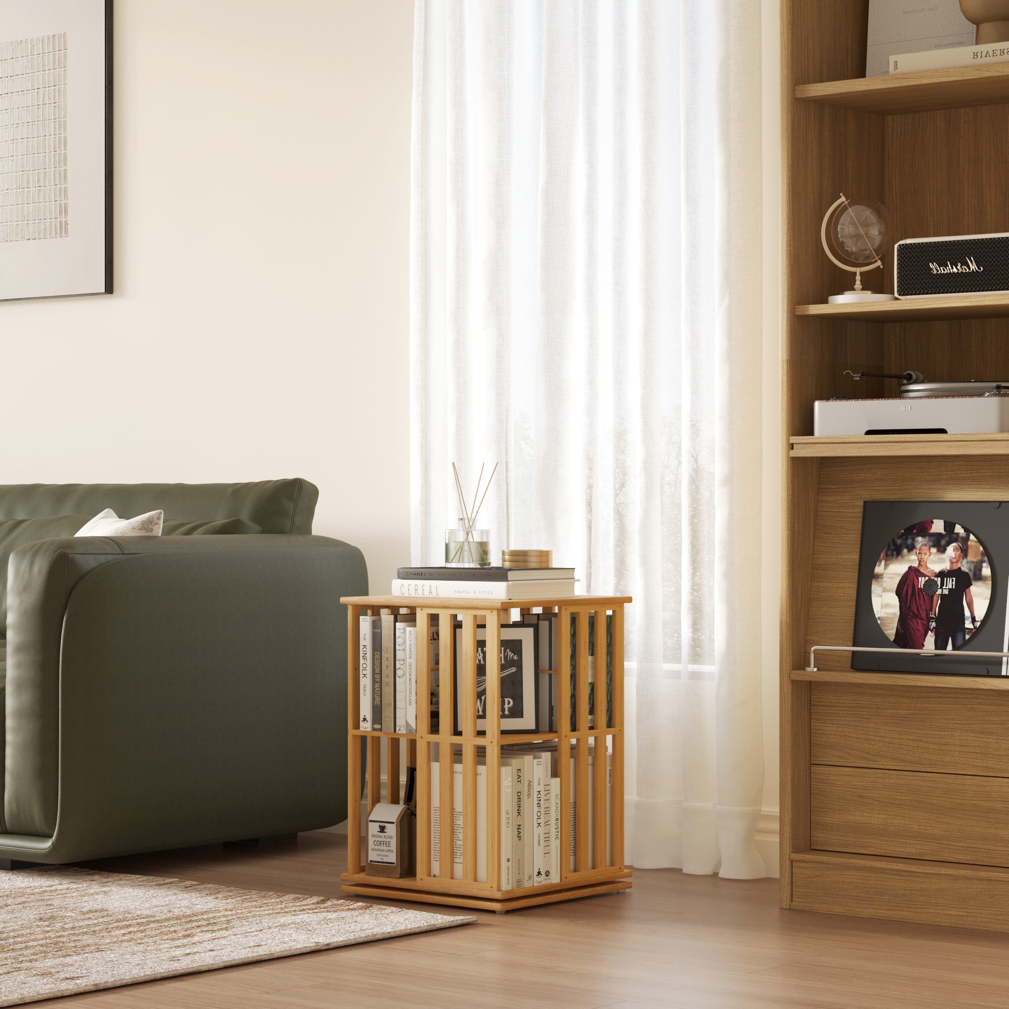 YOWOS Vortex Series Meridian 360° Rotating Bookshelf Bamboo Natural 2 Tiers