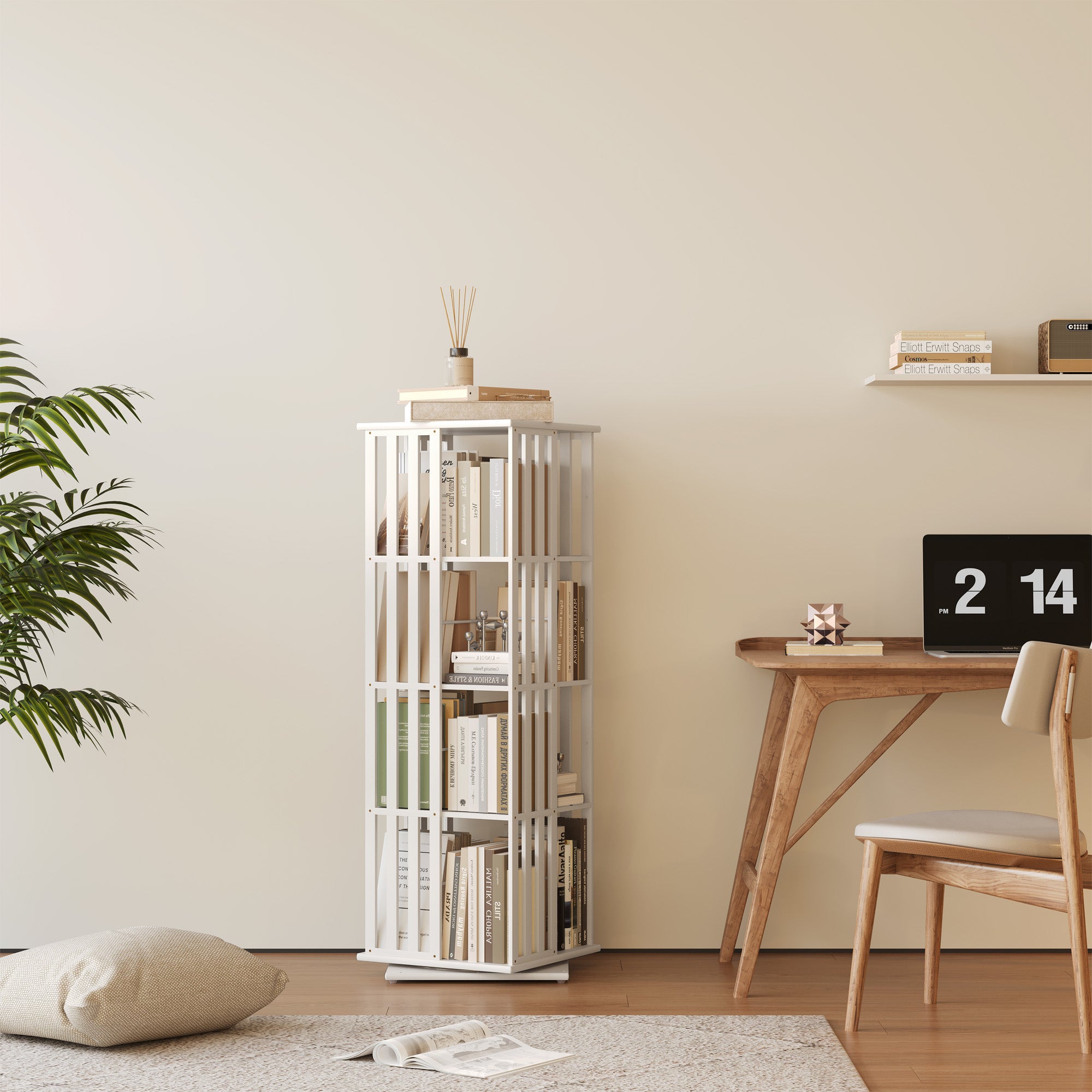 YOWOS Vortex Series Meridian 360° Rotating Bookshelf Bamboo White 4 Tiers